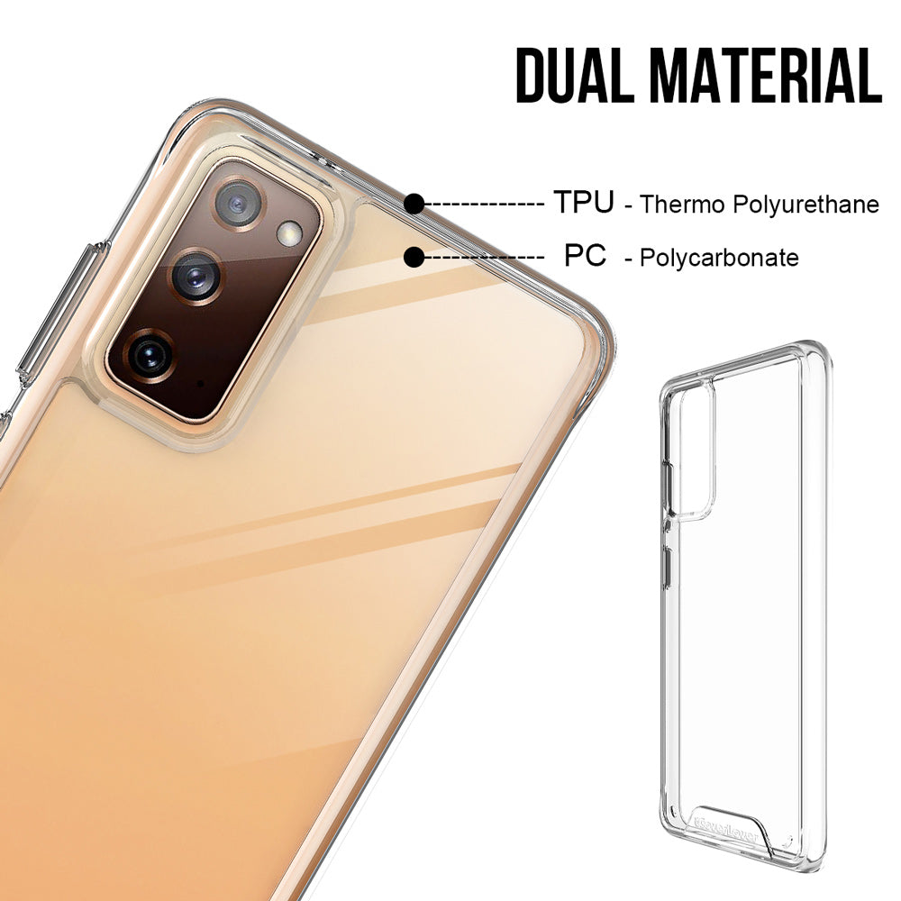 iCoverLover Shockproof Protective Cover for Samsung Galaxy S20 FE, showcasing a transparent design with flexible TPU sides and hard plastic back.